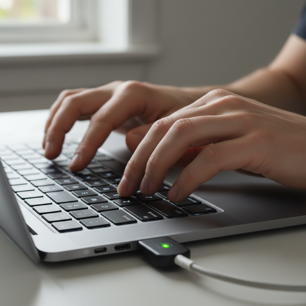Close das mãos de um técnico digitando as chaves de segurança da rede wi-fi em um notebook com foco nos detalhes das teclas.
