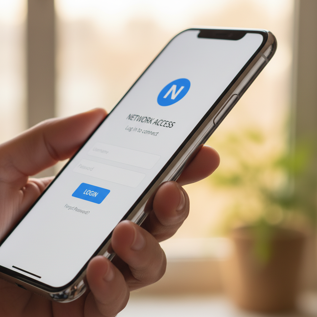 Mão segurando celular com tela de acesso para coleta de dados no login social wi-fi em detalhe de close-up realístico.