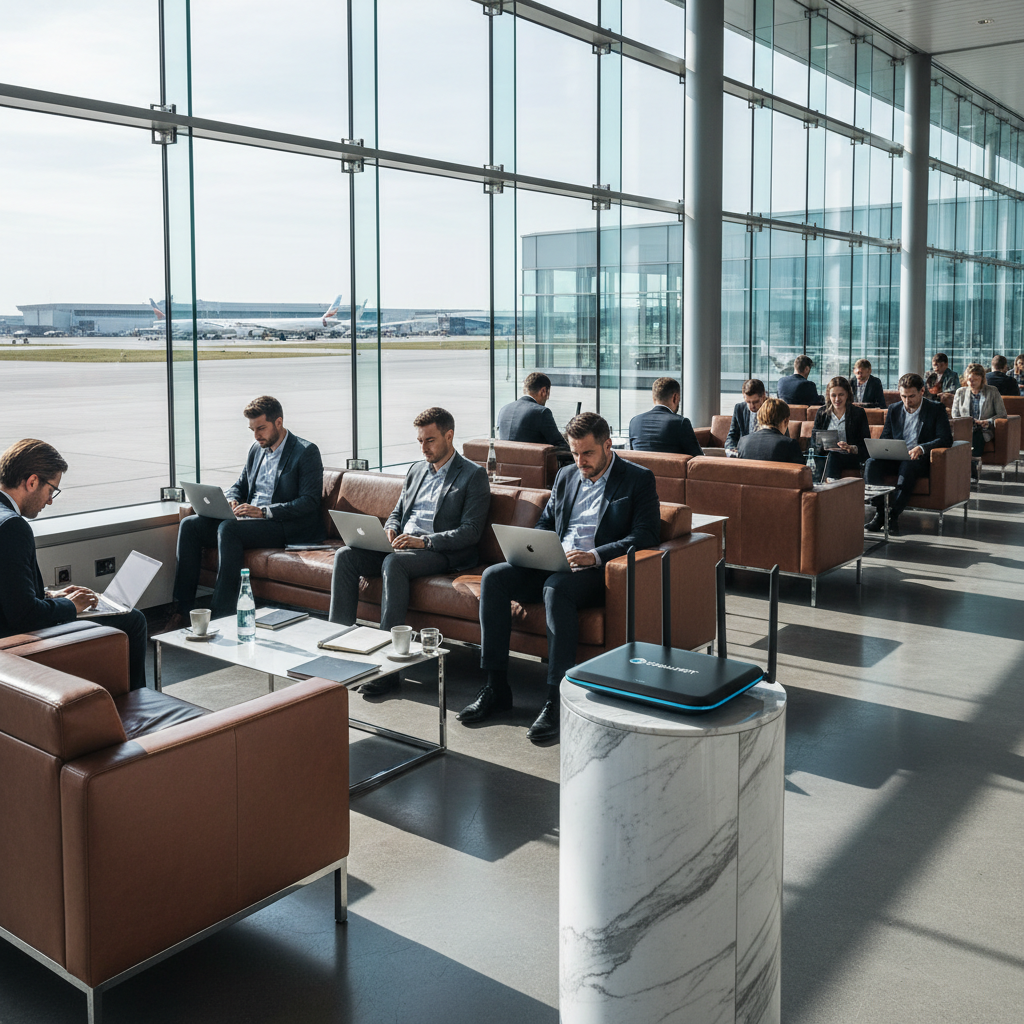 Pessoas em aeroporto moderno usando dispositivos conectados pela coleta de dados no login social wi-fi em plano aberto.
