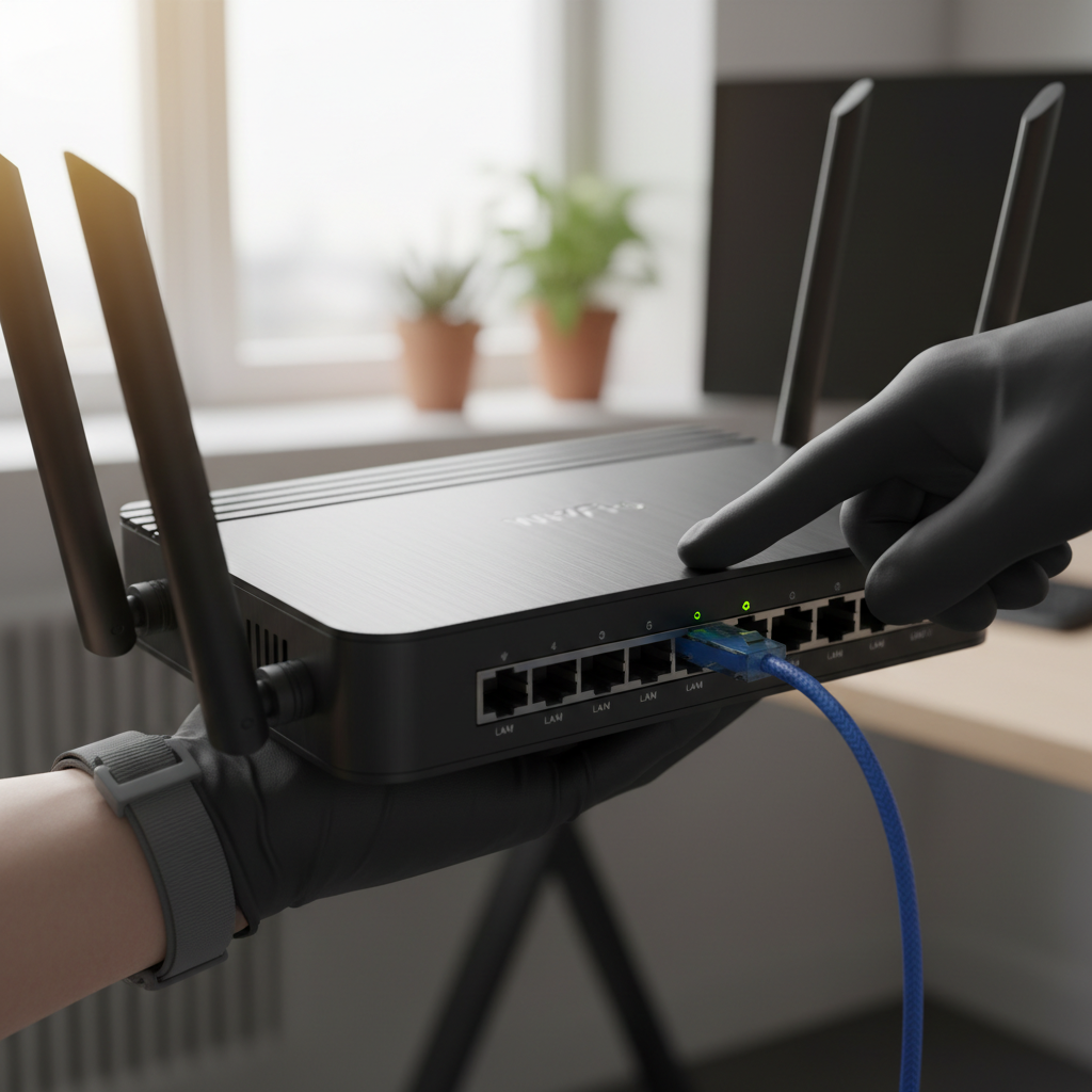 Mãos técnicas ajustando roteador em close para mostrar como adequar o wi-fi à lgpd passo a passo em detalhes de segurança.