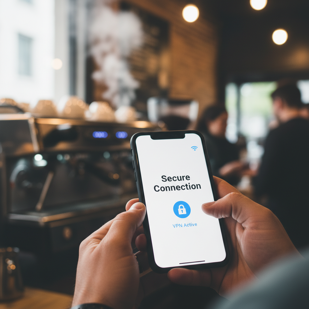 Como se conectar ao Wi-Fi público com segurança real 2 Close nas mãos de uma pessoa usando celular para mostrar como se conectar ao wi-fi público com segurança em um café.