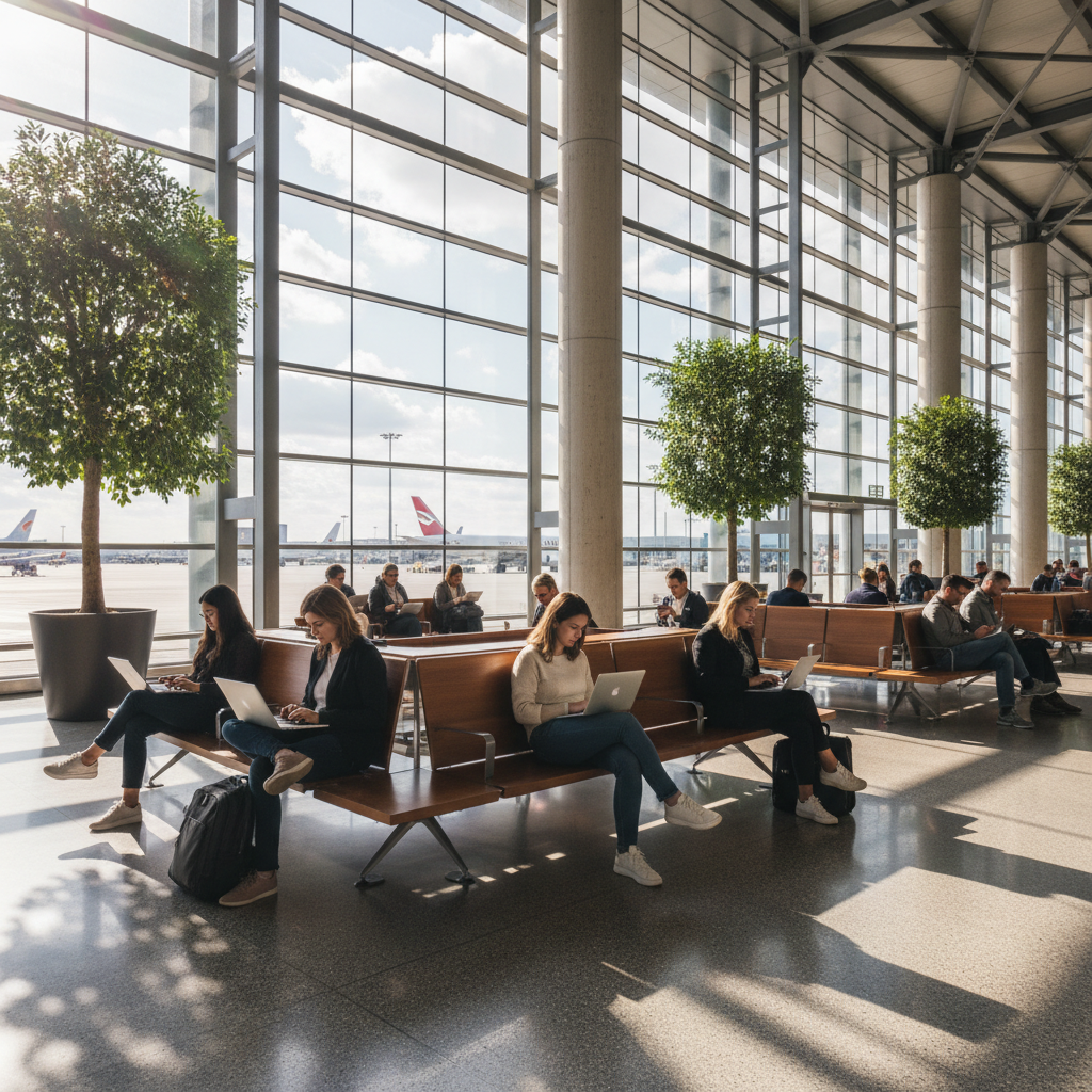 Como se conectar ao Wi-Fi público com segurança real 4 Pessoas usando laptops em aeroporto amplo para ilustrar como se conectar ao wi-fi publico com segurança em viagens.