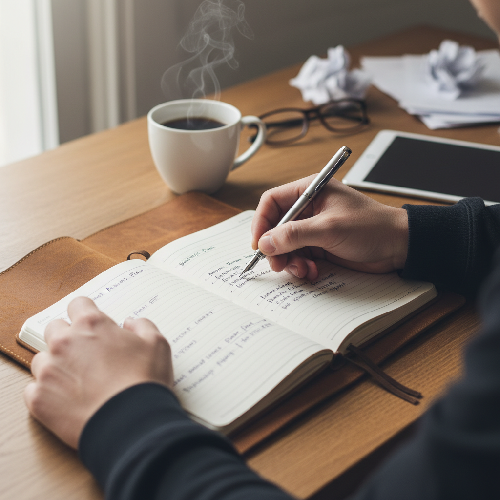 Close nas mãos de empreendedor escrevendo metas em caderno sobre como empreender do zero em uma mesa de madeira.