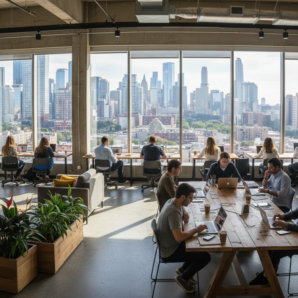 Ambiente amplo de coworking com pessoas trabalhando e vista da cidade ilustrando como empreender do zero com sucesso.