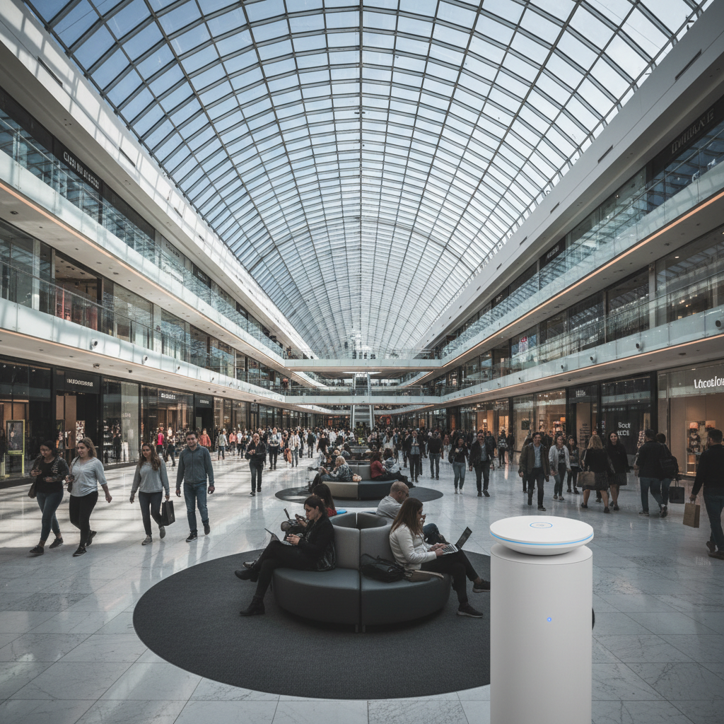 Como enriquecer base de clientes com Wi-Fi: do login ao CRM 4 Pessoas em um shopping moderno usando internet para entender como enriquecer base de clientes com wi-fi em larga escala.
