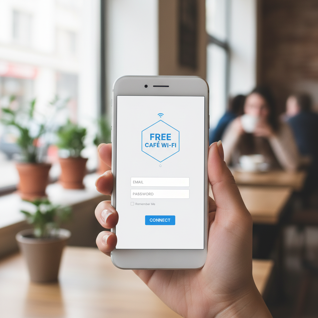 Celular com tela de login em destaque mostrando como gerar leads com wi-fi gratuito através de captura de dados.