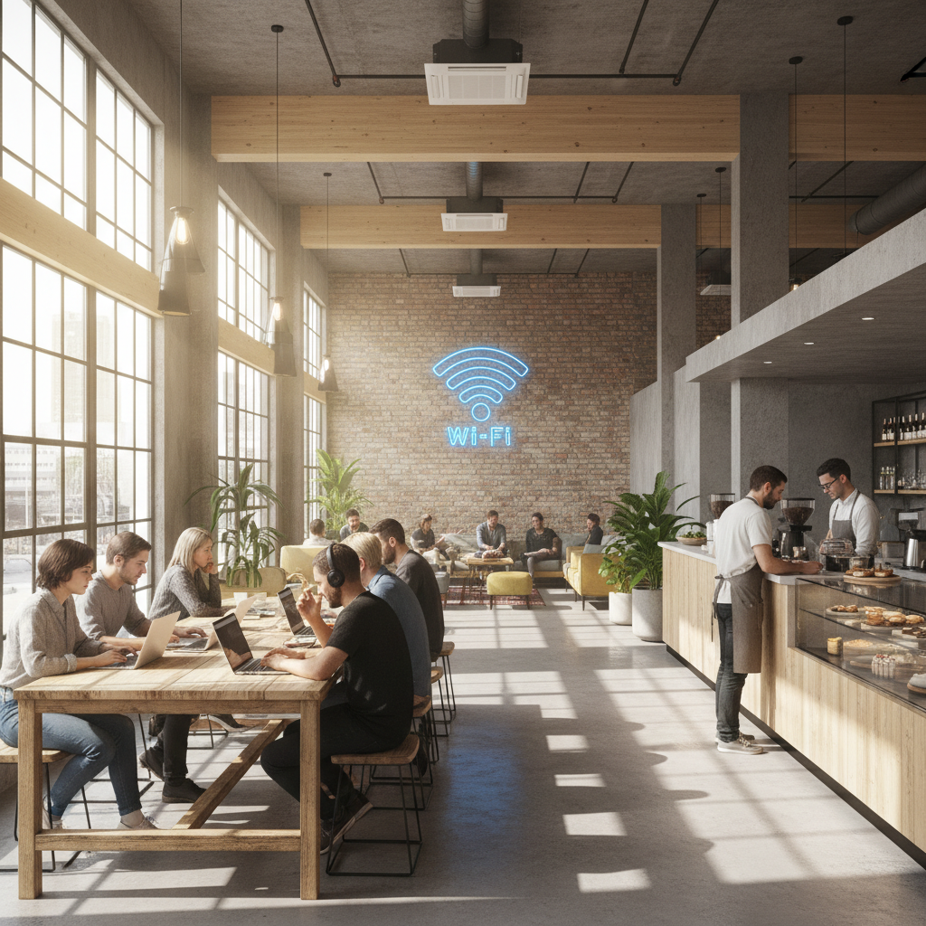 Pessoas trabalhando em café moderno ilustrando como gerar leads com wi-fi gratuito em ambientes comerciais amplos.