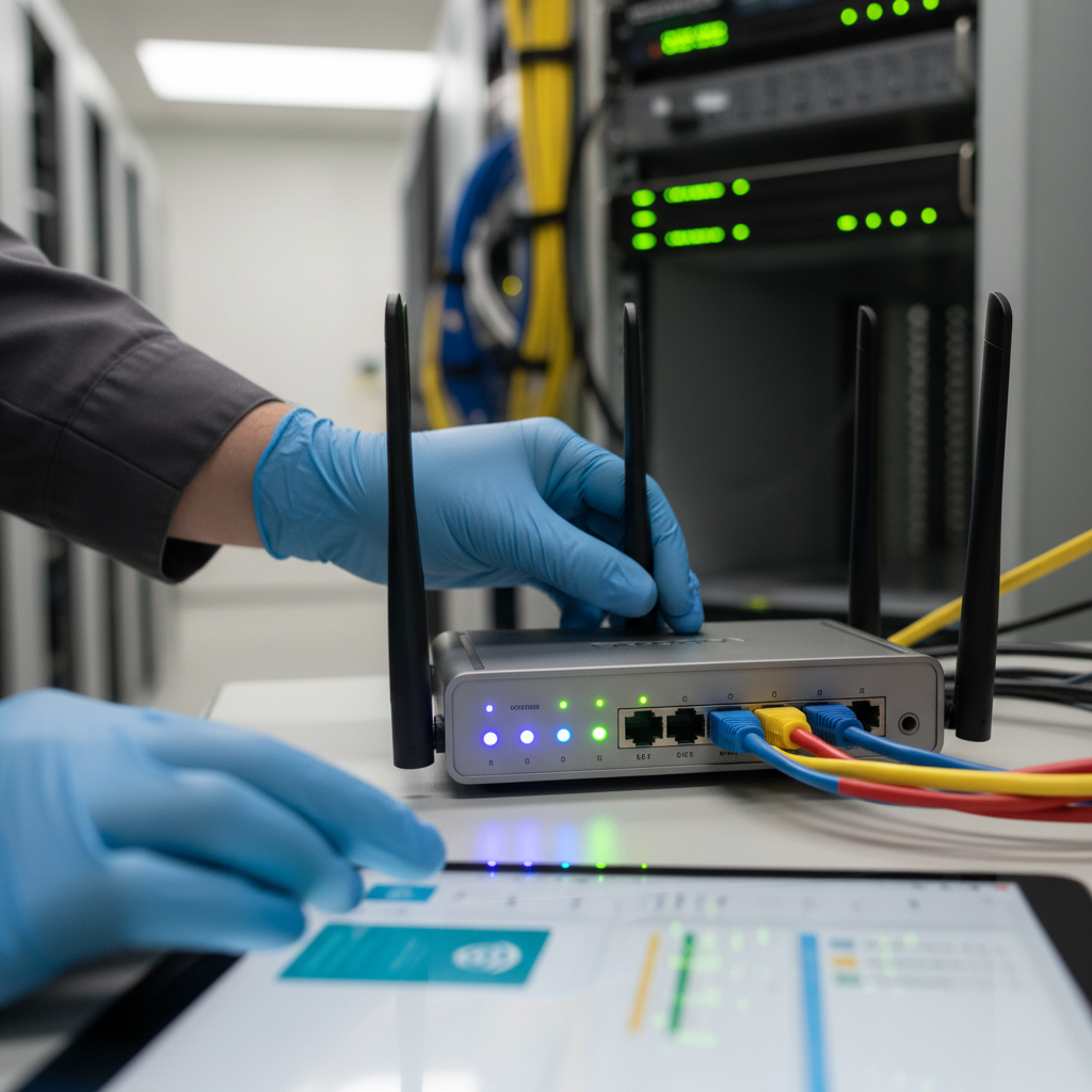 Técnico ajustando roteador profissional ensinando como implementar hotspot em provedores em detalhe operacional de rede.