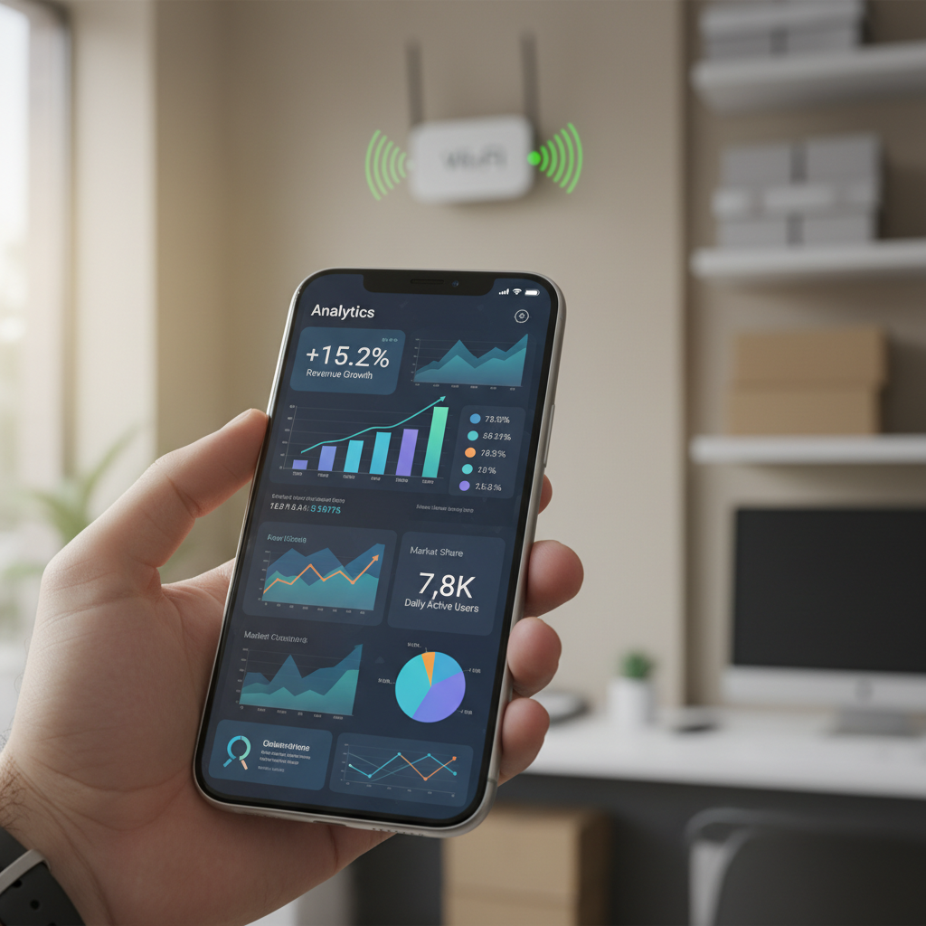 Celular com gráficos de dados em foco mostrando na prática como medir roi do wi-fi marketing e conversão digital.