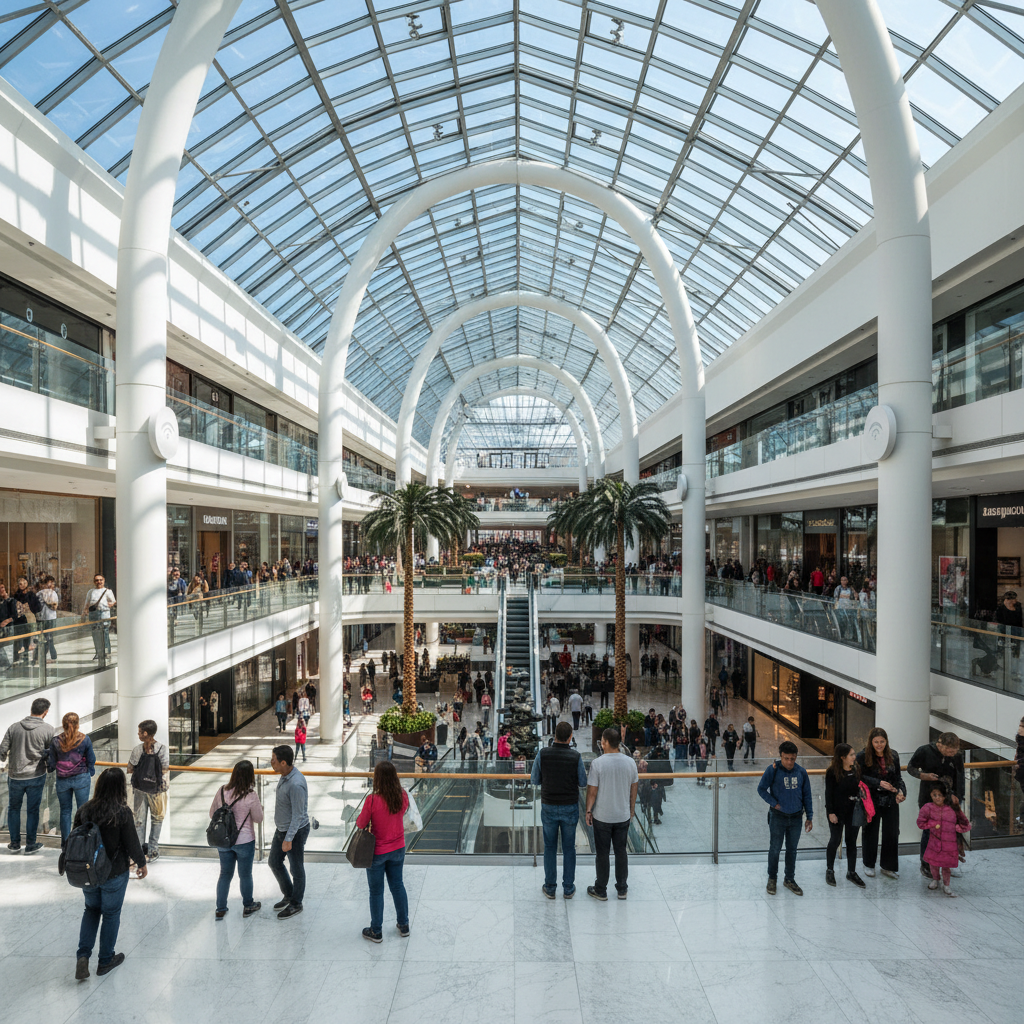 Ambiente amplo de shopping com pessoas e antenas para ilustrar como medir roi do wi-fi marketing em grandes escalas.