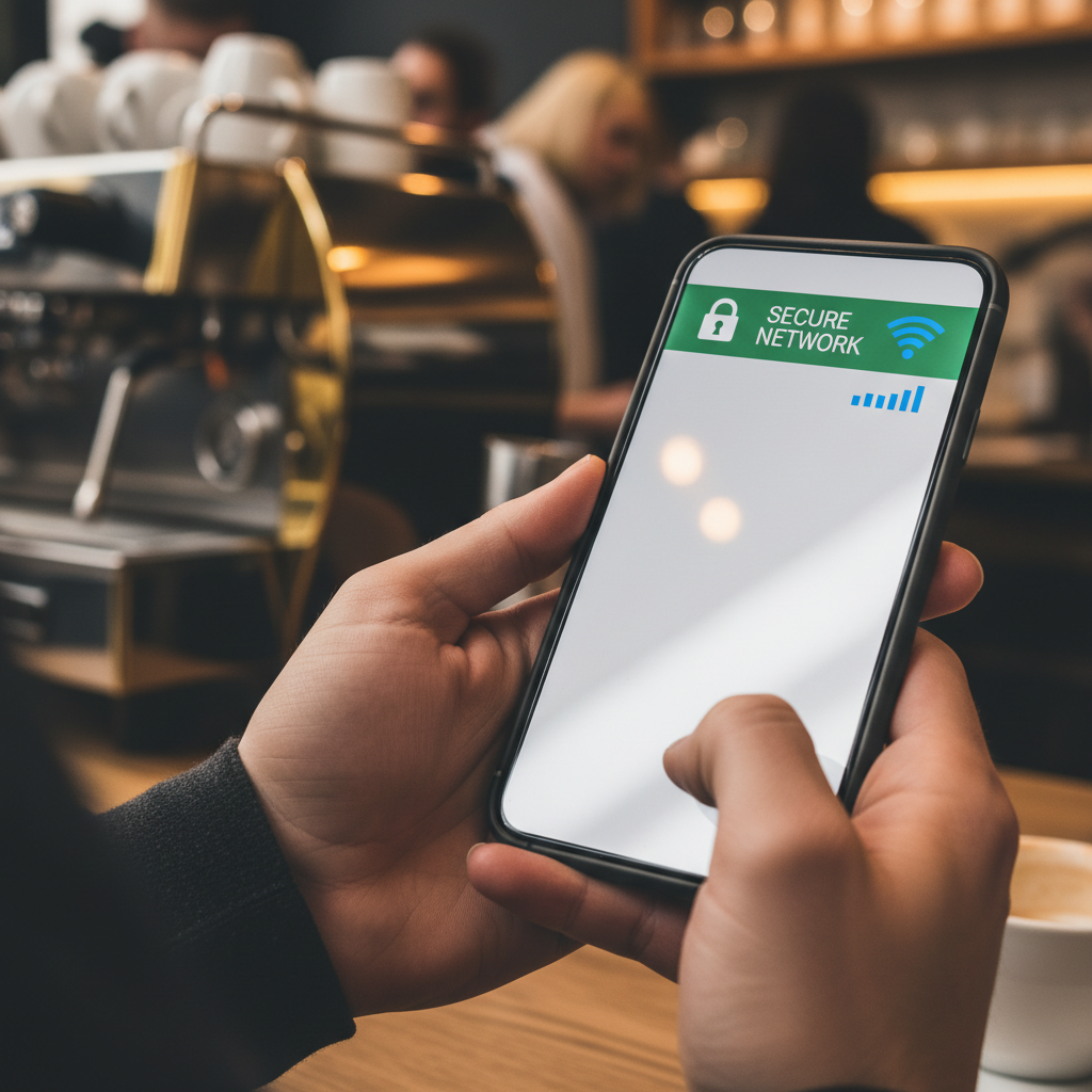 Close no celular em uma cafeteria mostrando como melhorar a experiência no wi-fi público através de conexões seguras.