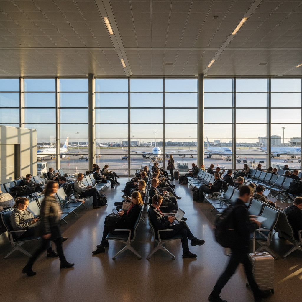 Pessoas usando internet em aeroporto amplo com luz natural sobre como melhorar experiência no wi-fi público.