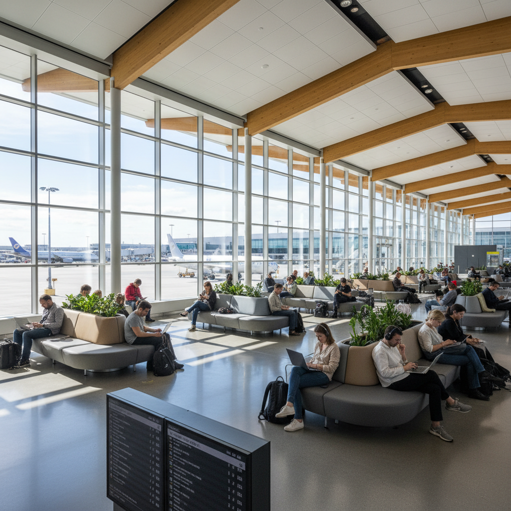 Pessoas em aeroporto usando dispositivos móveis ilustram como melhorar experiência no wi-fi público em locais amplos.