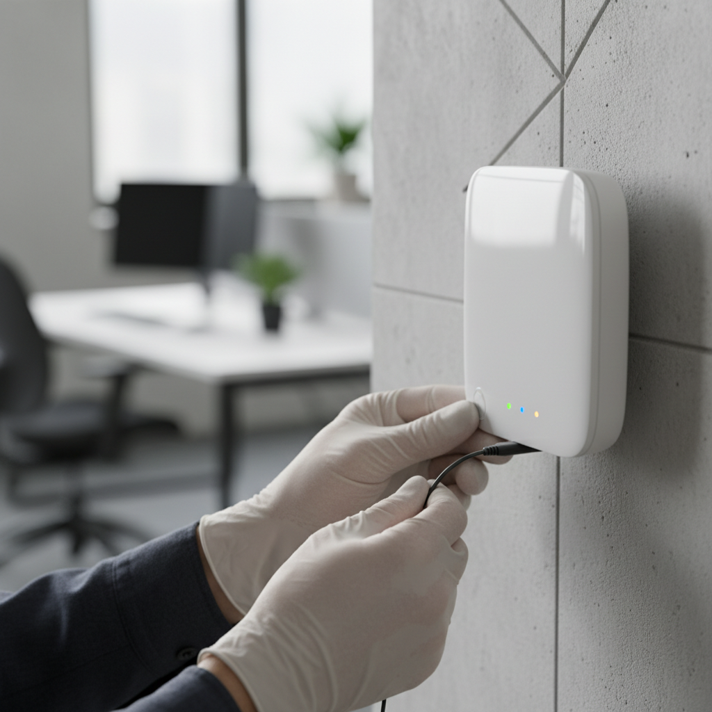 Como Vender Hotspot para Empresas e Lucrar Todo Mês 2 Close no equipamento de rede instalado em parede sendo configurado para o guia como vender hotspot para empresas hoje.