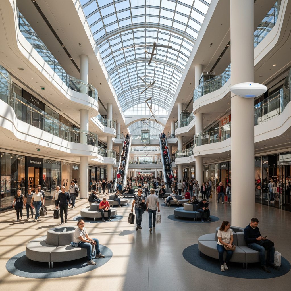 Como Vender Hotspot para Empresas e Lucrar Todo Mês 4 Vista ampla de um shopping moderno com Wi-Fi para ilustrar como vender hotspot para empresas de grande porte com sucesso.