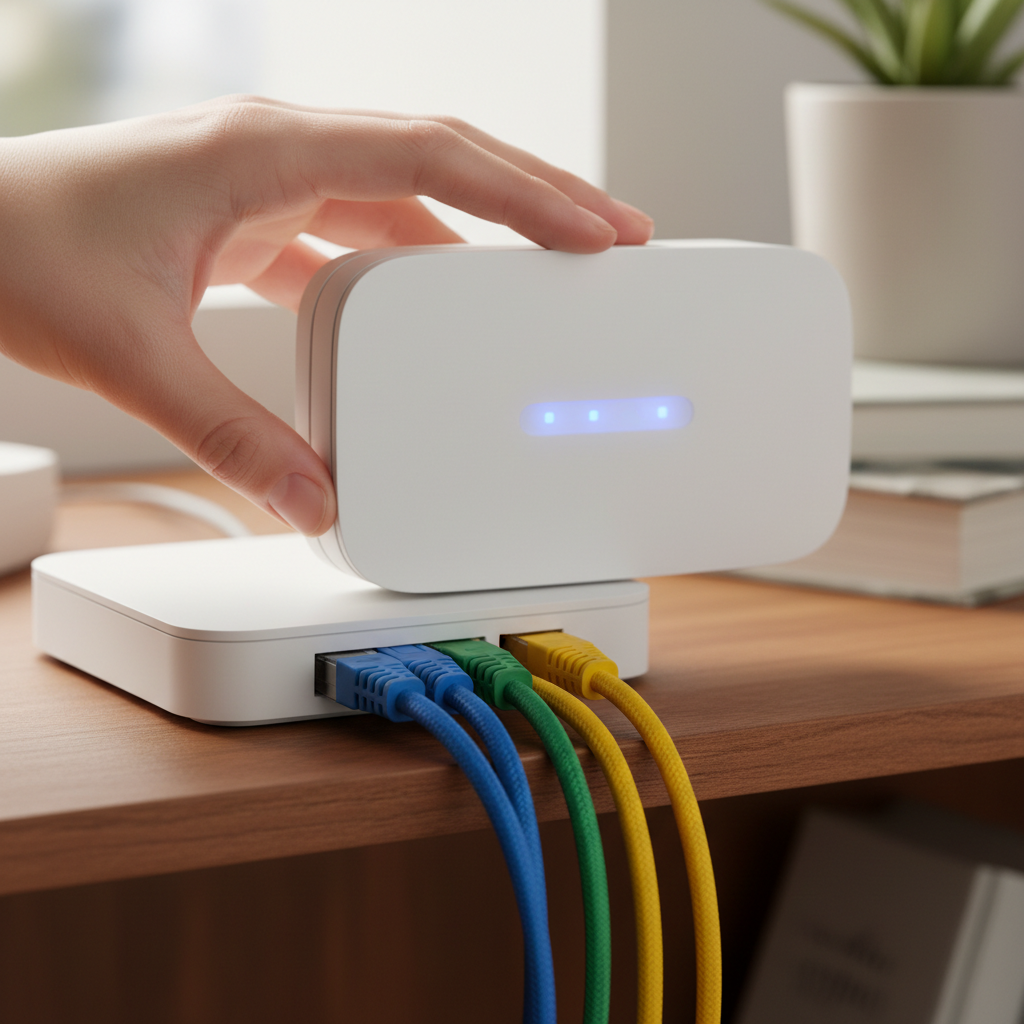 Detalhe das luzes de um roteador moderno para configurar o controle parental em redes wi fi proteja seus dispositivos.