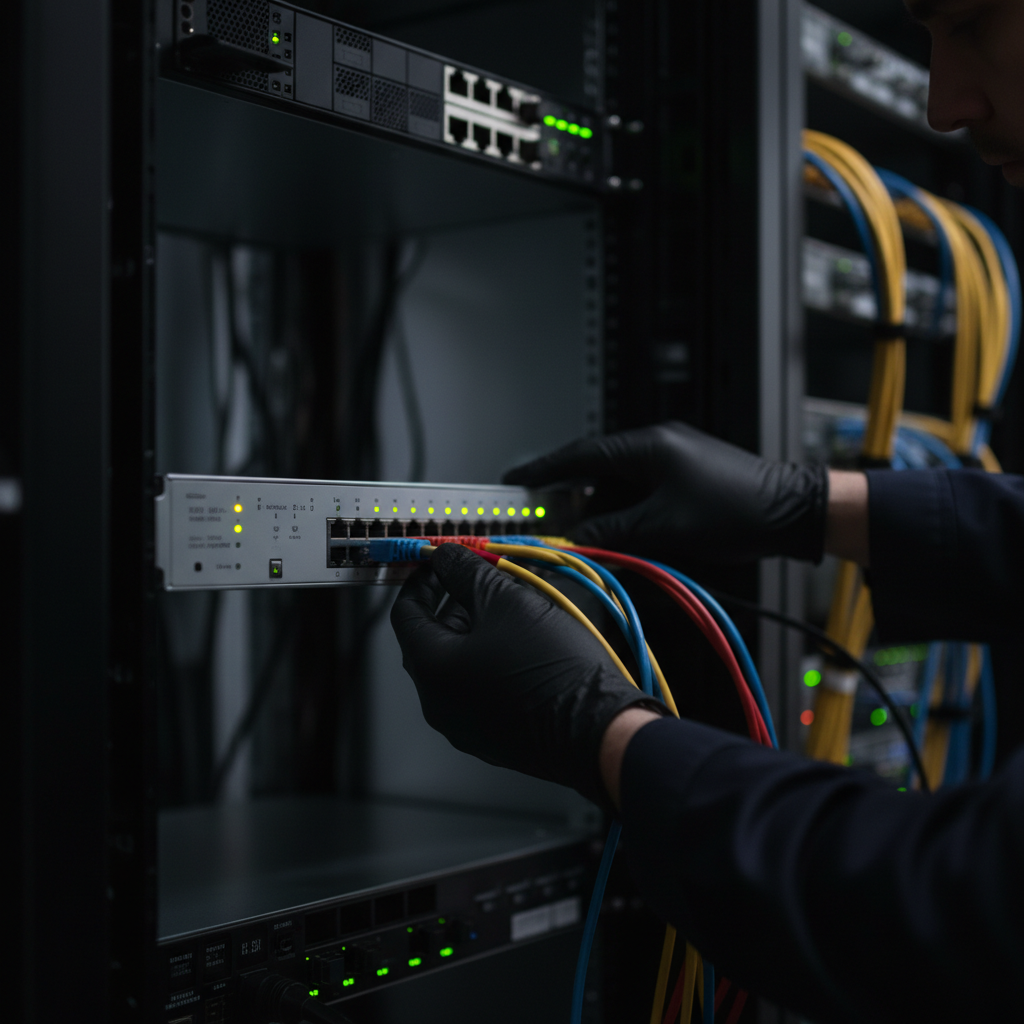 Close técnico em equipamentos de rede para configurar a criptografia em redes wi-fi empresariais em um servidor.