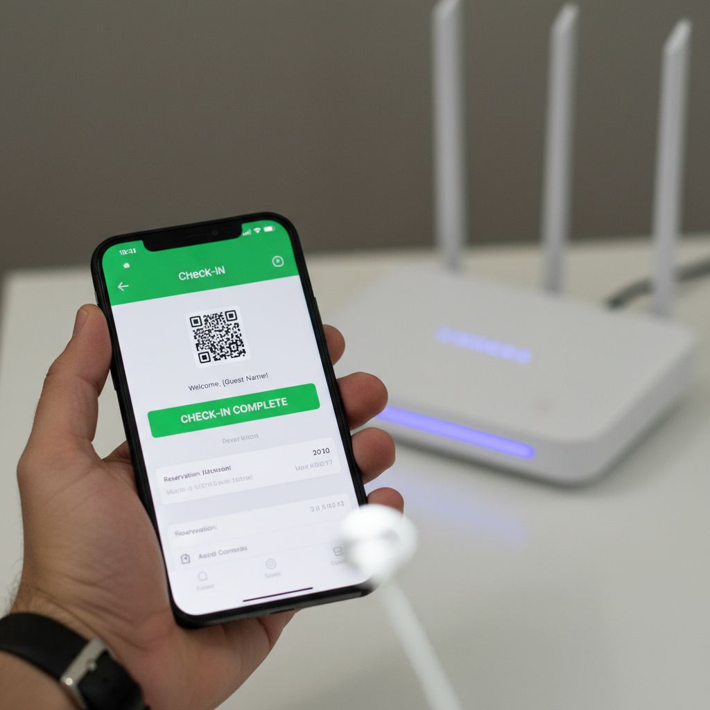 Mão segurando celular com tela de login em destaque e roteador ao fundo usando crm para wi-fi marketing em close.