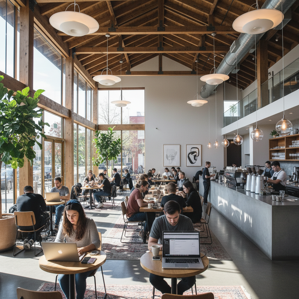 Ambiente amplo de cafeteria moderna com clientes usando laptops e sistema de crm para wi-fi marketing instalado no teto.
