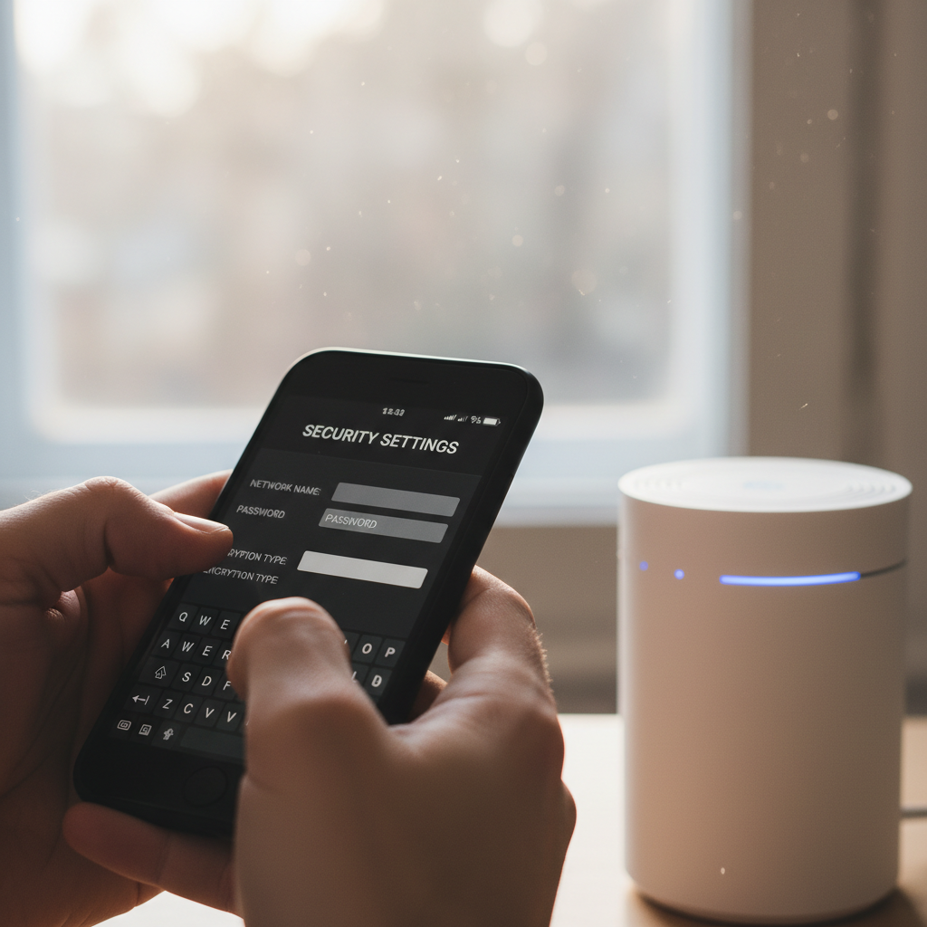 Mãos configurando celular perto de roteador em close detalhado focado em 9 dicas de senha para wi-fi corporativo.