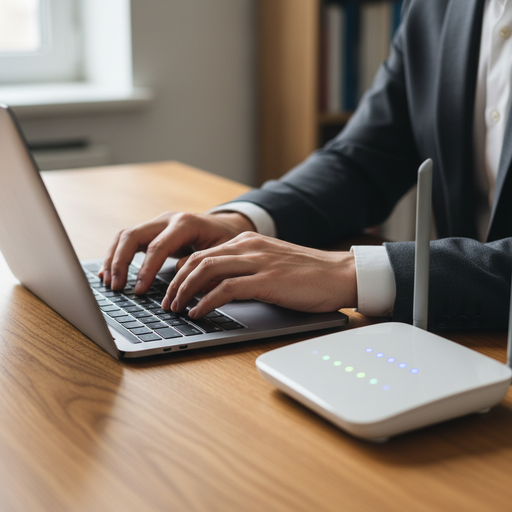 Empreender com Wi-Fi: 5 Modelos de Receita Real 2 Detalhe de mãos usando notebook próximo a um roteador digital ao empreender com wi-fi em um escritório.