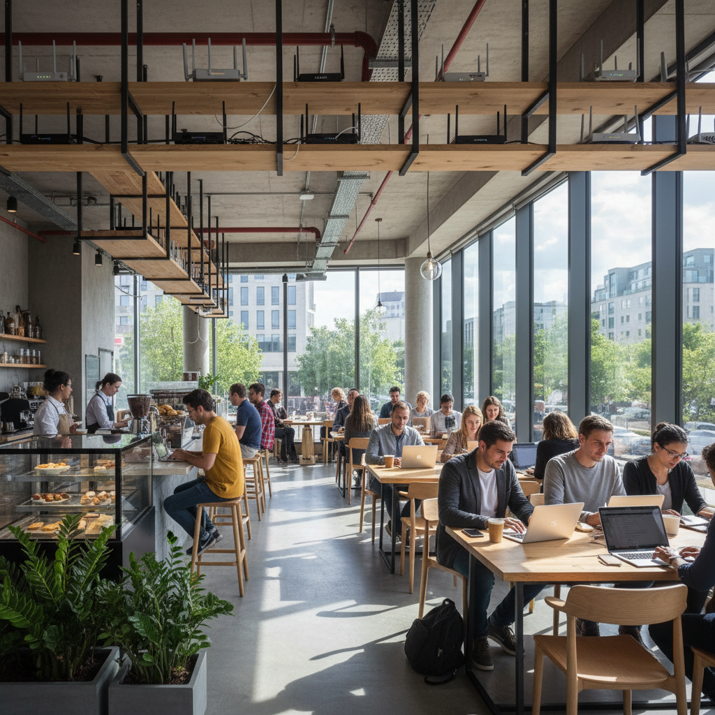 Empreender com Wi-Fi: 5 Modelos de Receita Real 4 Pessoas trabalhando em um café moderno com laptops e roteadores visíveis sobre o tema de empreender com wi-fi.