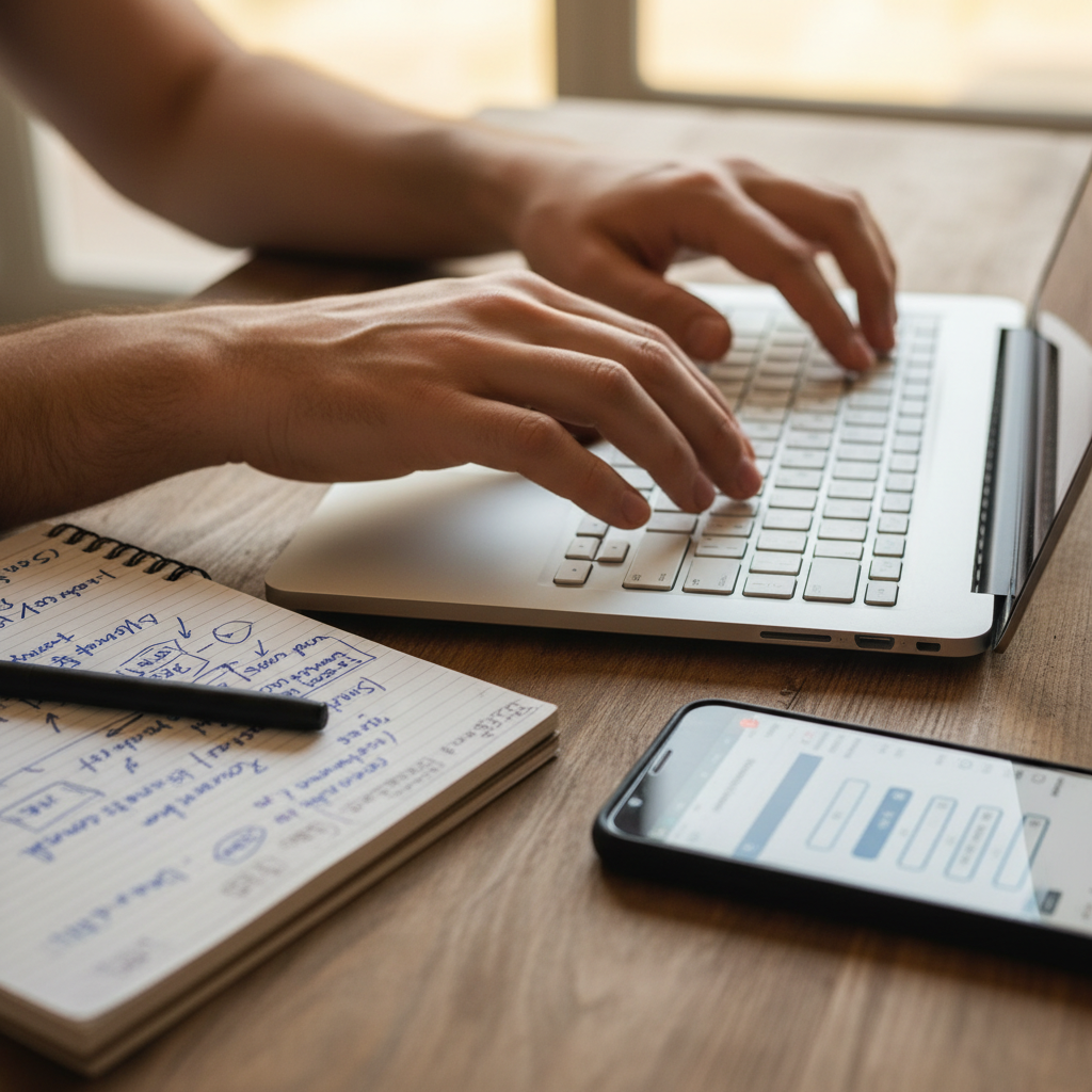 Close das mãos digitando no notebook com bloco de notas ao lado sobre empreender sem investimento de forma prática.