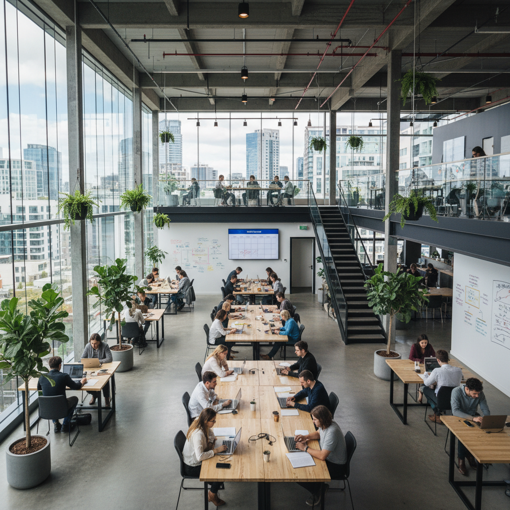 8 Empreendimentos com Baixo Investimento e Retorno Mensal 4 Pessoas trabalhando em escritório compartilhado moderno representando empreendimentos com baixo investimento em rede.
