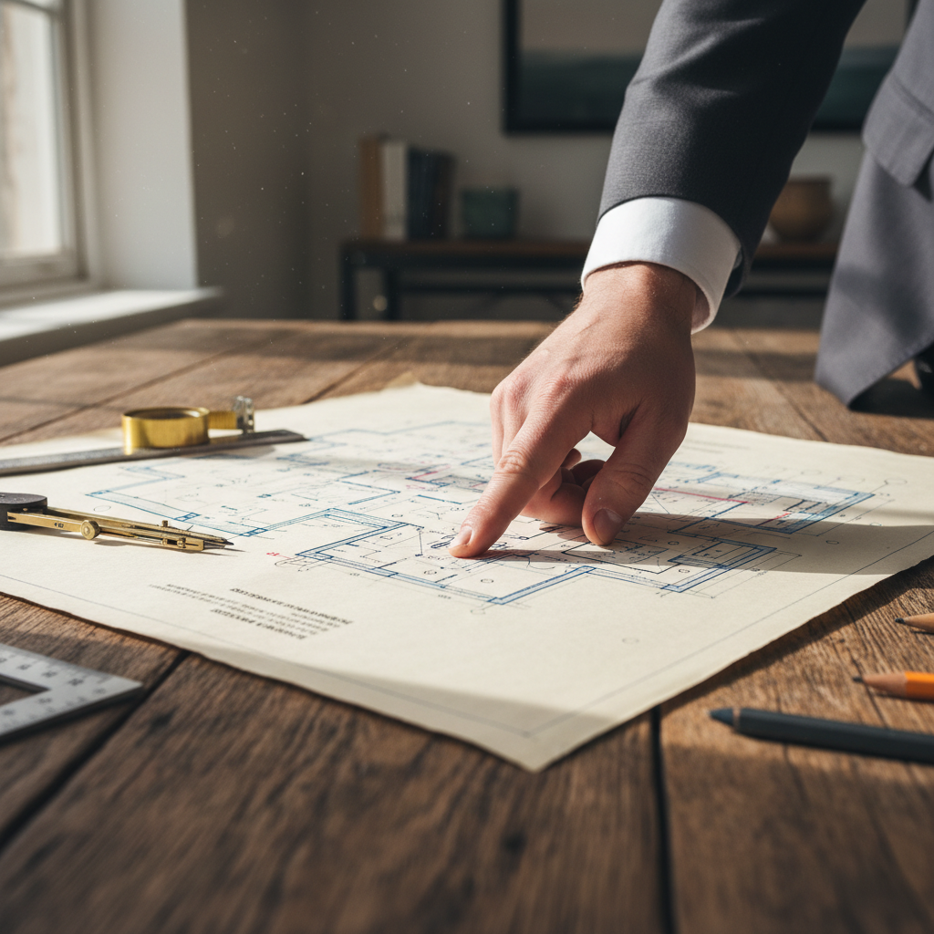Close no detalhe de planta arquitetônica sobre mesa de madeira focando em novos empreendimentos para investir no mercado.
