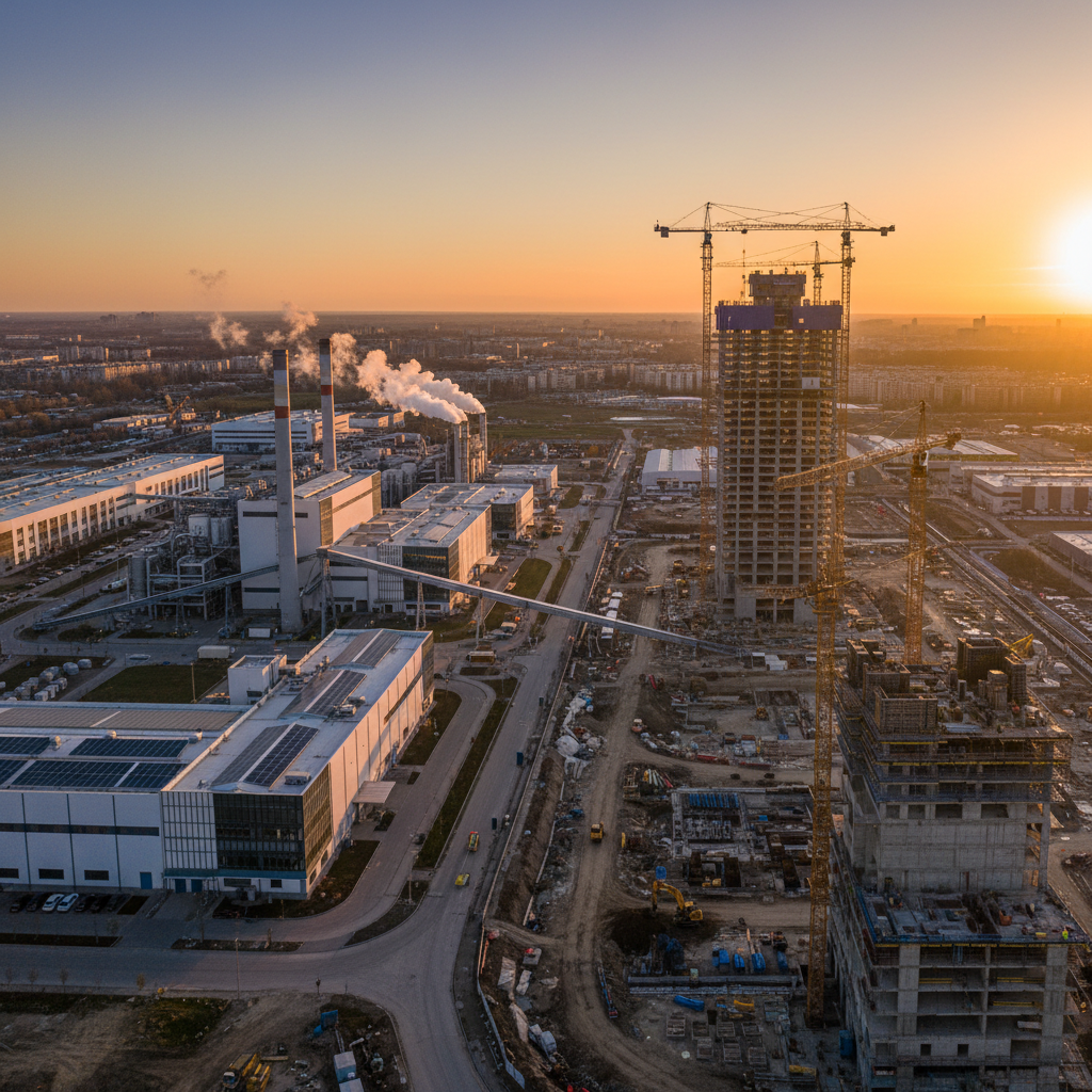 Vista panorâmica de canteiro de obras e prédios modernos representando ótimos empreendimentos para investir com segurança.