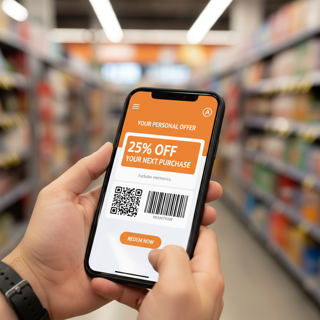 Celular em foco exibindo oferta personalizada em loja realçando estratégias omnichannel com wi-fi e interação do usuário.