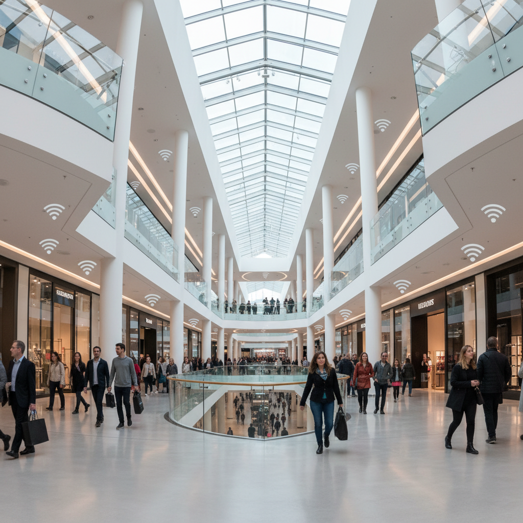 Vista ampla de shopping moderno iluminado demonstrando infraestrutura para estratégias omnichannel com wi-fi de alta escala.