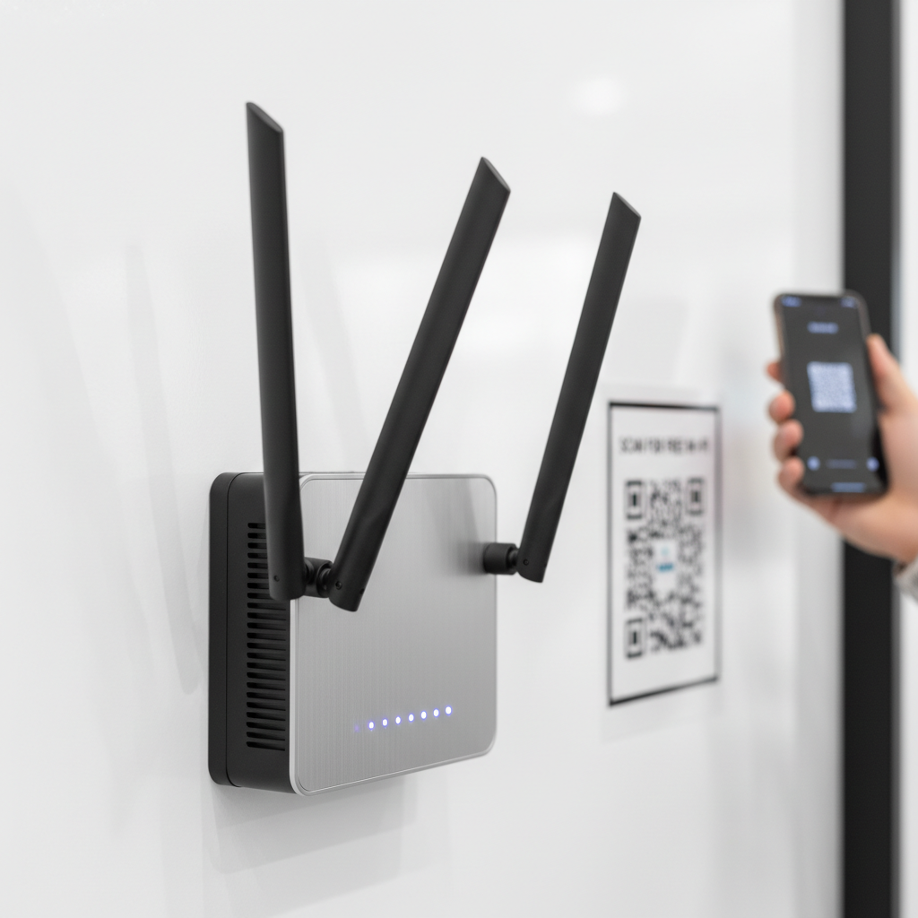 Close no roteador moderno em loja onde o cliente faz login captando first party data via wi-fi sob luz natural.