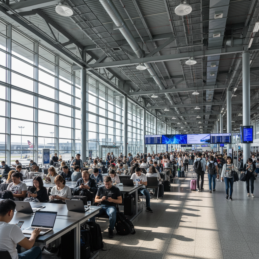 Pessoas em aeroporto amplo conectadas sob antenas de teto para coleta de first party data via wi-fi em alta resolução.