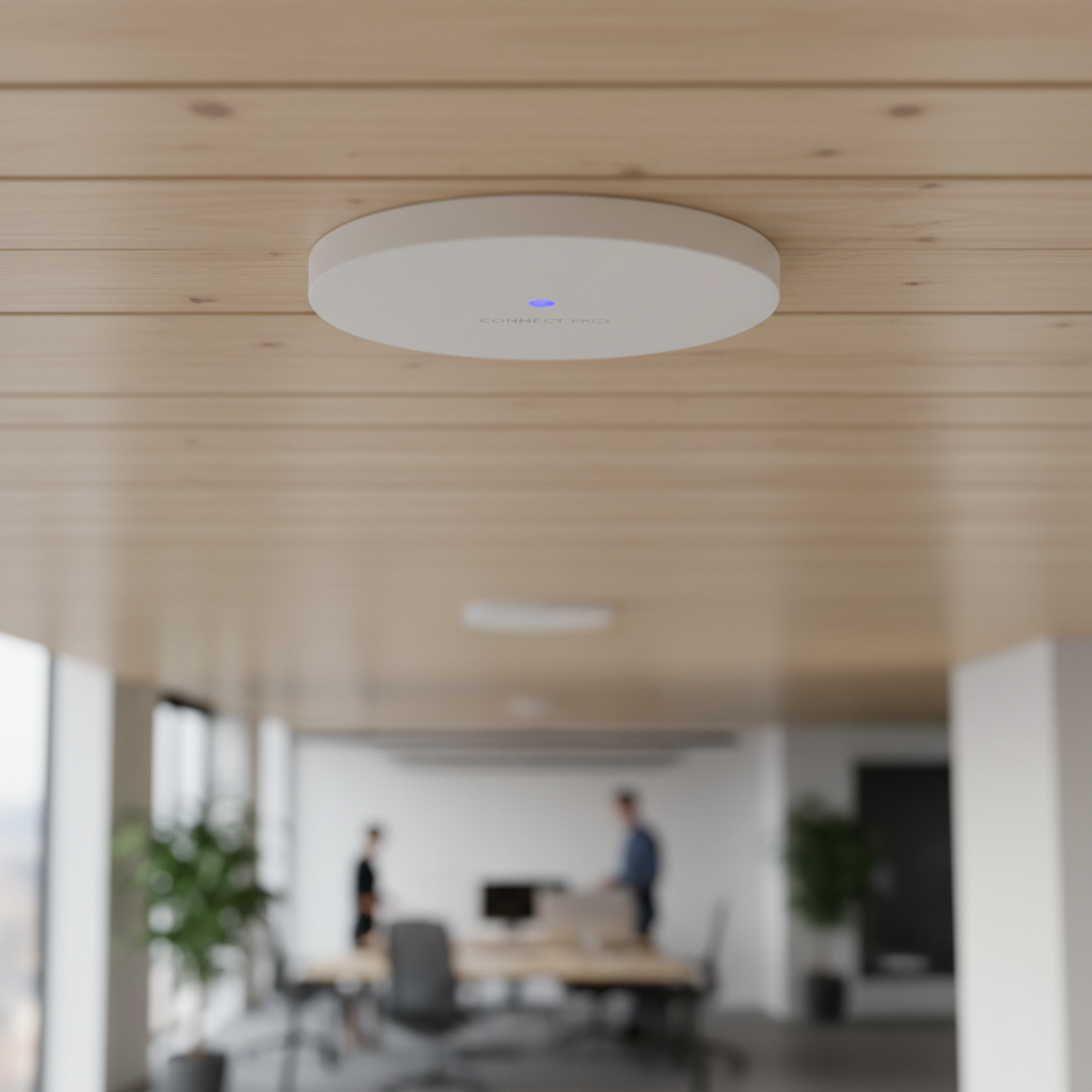 Close no roteador de teto captando dados para otimizar o funil de vendas com wi-fi marketing no estabelecimento.