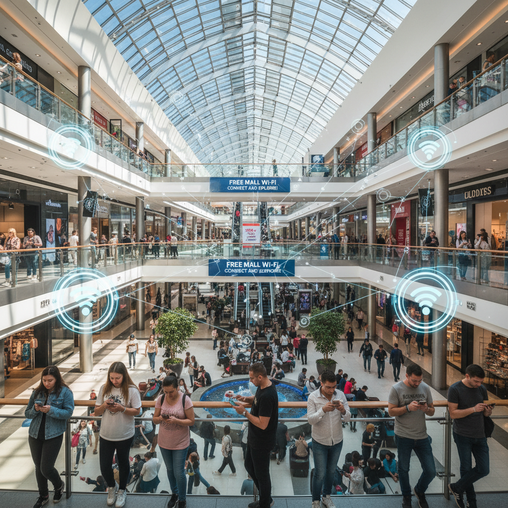 Pessoas em shopping amplo usando smartphones ilustrando o funil de vendas com wi-fi marketing em escala real.