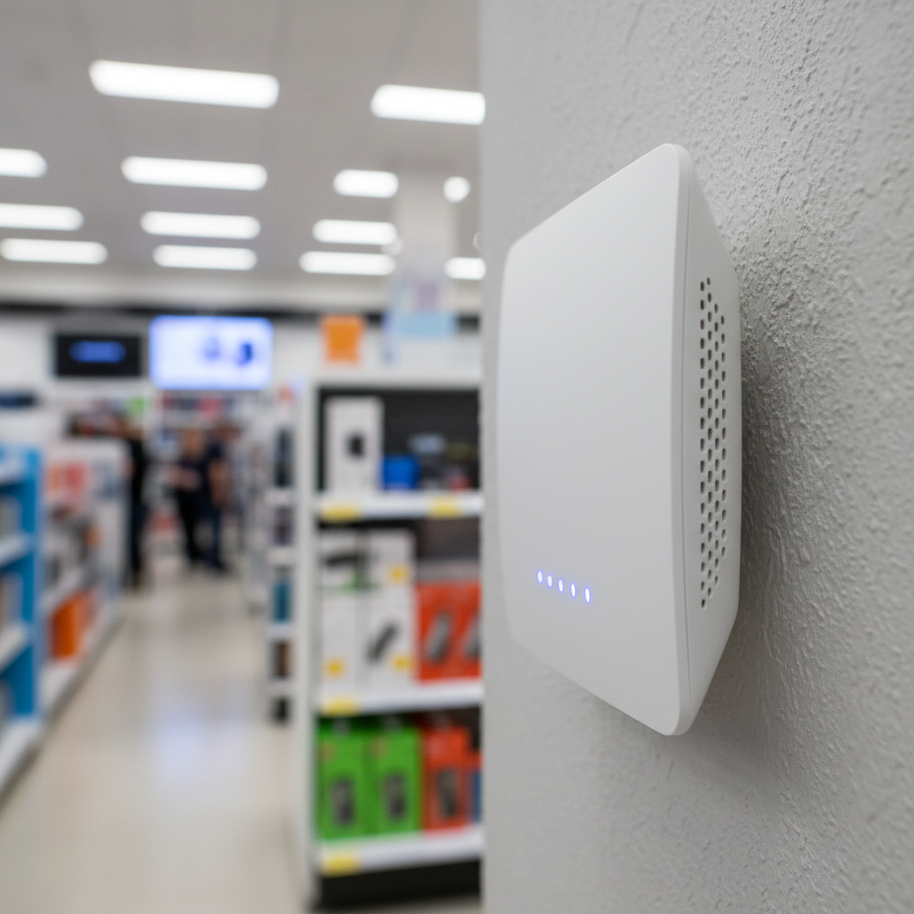 5 Gatilhos de Marketing via Wi-Fi que Geram Venda Real 2 Close de roteador profissional em parede de loja focado em tecnologia de gatilhos de marketing via wi-fi e conectividade.