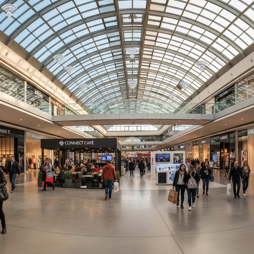 5 Gatilhos de Marketing via Wi-Fi que Geram Venda Real 4 Pessoas em um shopping moderno sob roteadores de teto que ativam gatilhos de marketing via wi-fi em plano aberto.