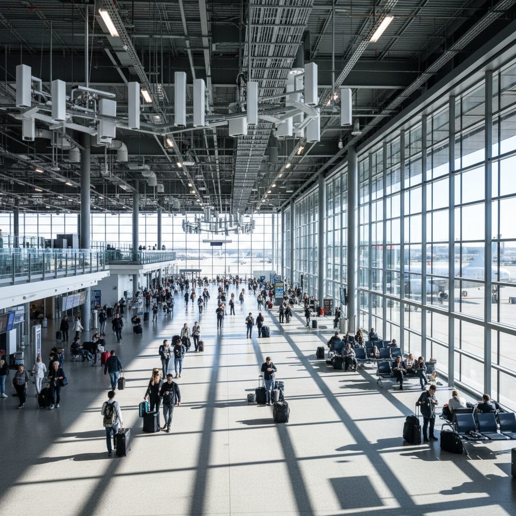 Visão ampla de aeroporto moderno com rede Wi-Fi visível para demonstrar a gestão de múltiplos hotspots em grande escala.