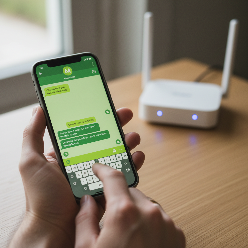 Hotspot com autenticação via WhatsApp: até 5x mais cadastros 2 Mão segura celular com tela de chat facilitando o hotspot com autenticação via whatsapp perto de um roteador wifi.