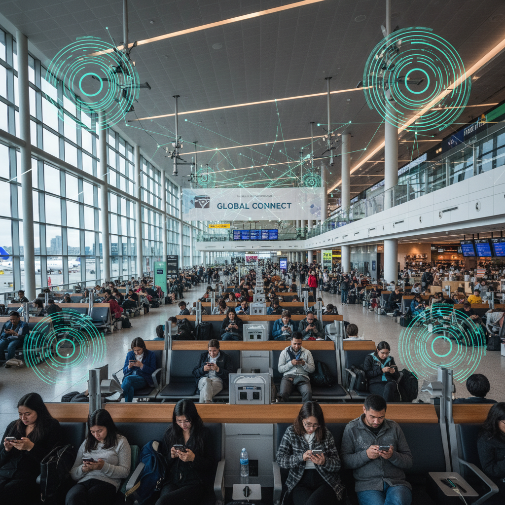 Hotspot com Coleta de Leads: Do Login ao Fechamento 4 Pessoas em aeroporto amplo usando smartphones conectadas em um hotspot com coleta de leads em ambiente público.