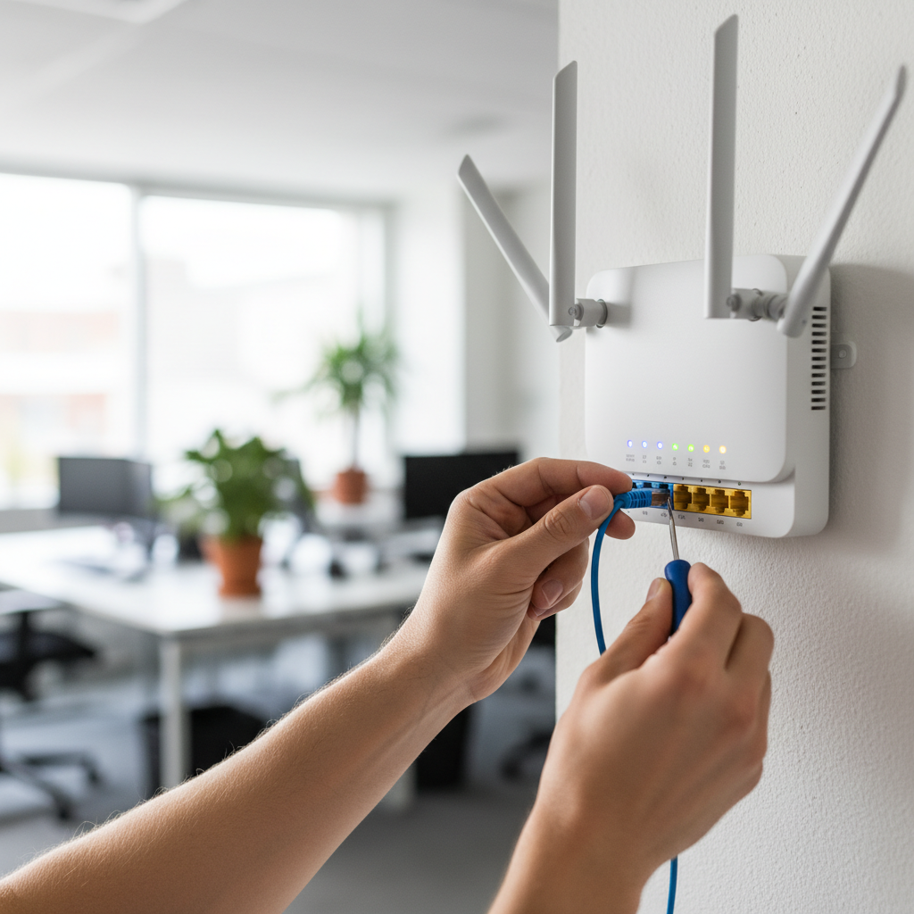Detalhe de técnico ajustando roteador profissional para fornecer hotspot como serviço (haas) em ambiente corporativo.