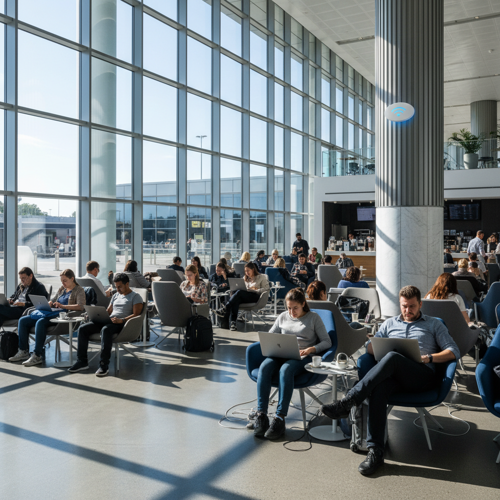 Vista ampla de aeroporto moderno com pessoas conectadas via hotspot como serviço (haas) em seus dispositivos móveis.