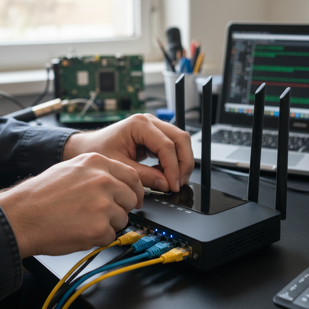 Detalhe de mãos conectando cabos em roteador profissional ao aprender hotspot para eventos como montar com qualidade.