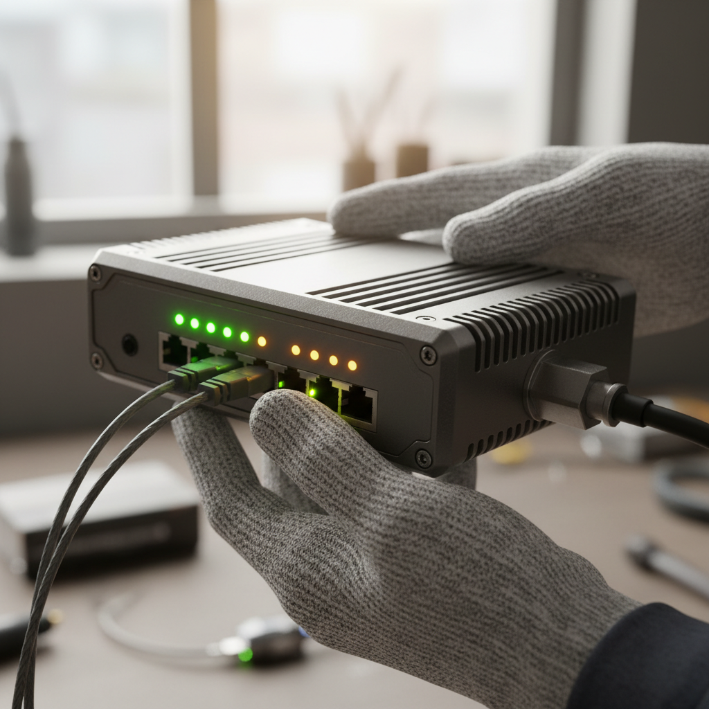 Detalhe de mãos técnicas ajustando equipamento de rede para configurar um hotspot wi-fi para isp em ambiente profissional.