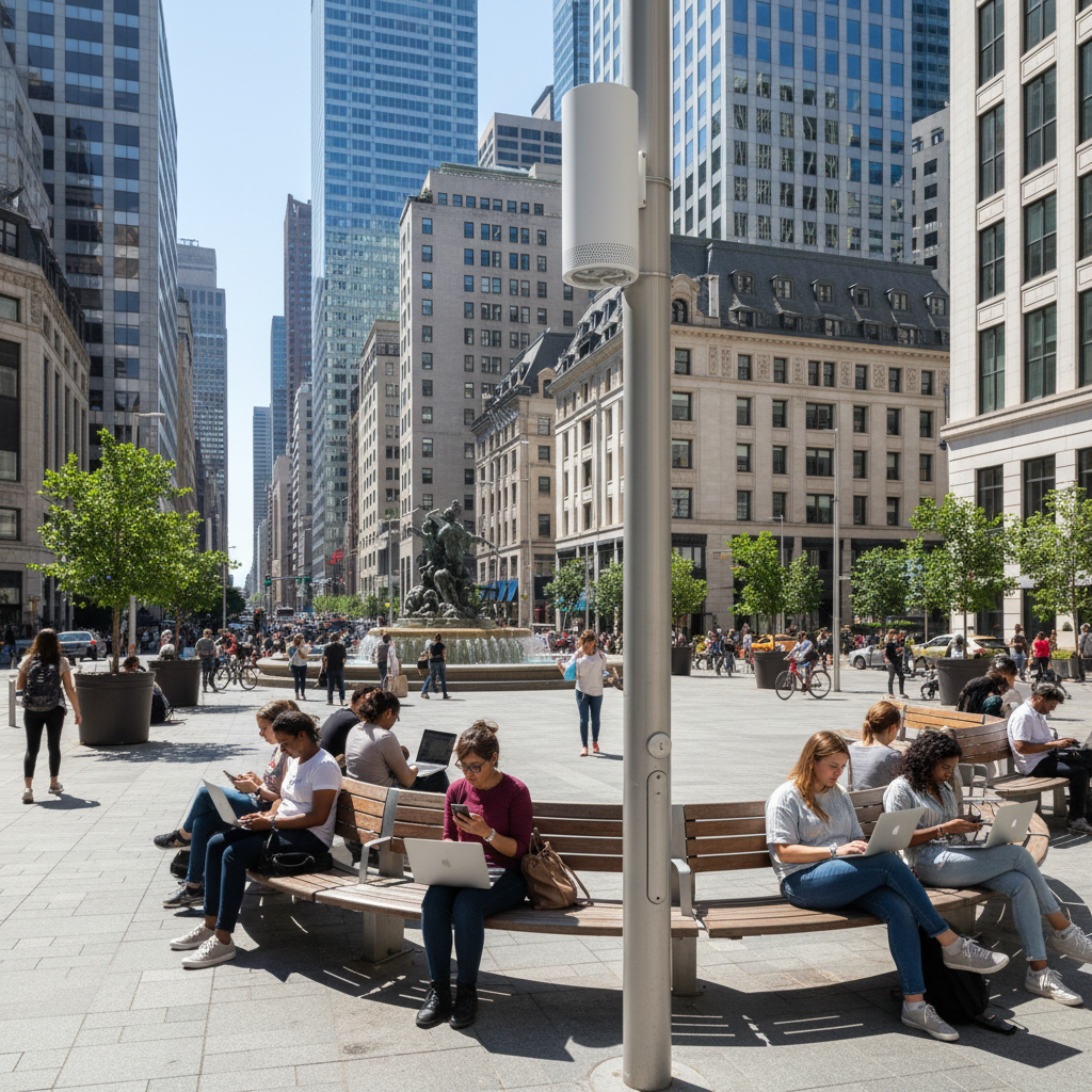 Pessoas em praça urbana conectadas via hotspot wi-fi para isp enquanto usam notebooks e celulares sob luz natural.