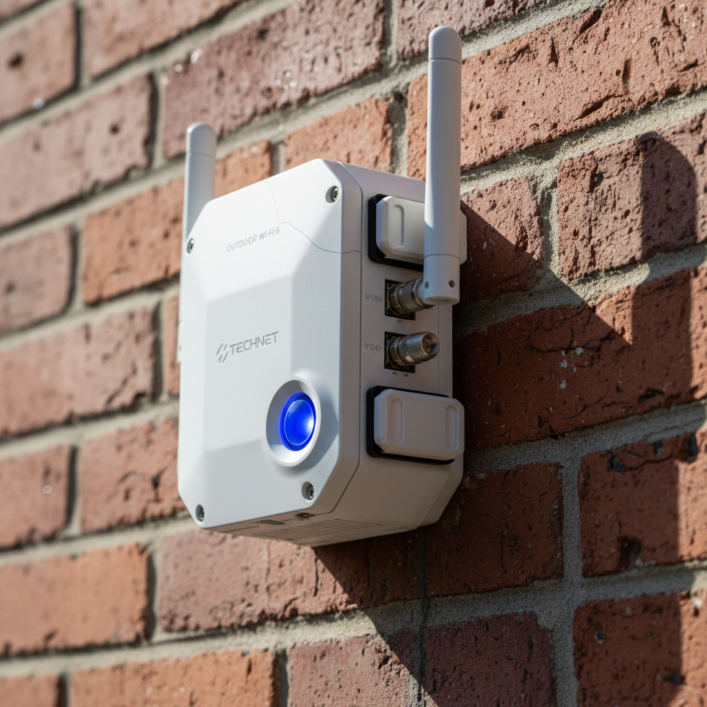 Hotspot Wi-Fi para pequenas cidades: o que funciona em 2026 2 Detalhe técnico de roteador externo profissional garantindo sinal de hotspot wi-fi para pequenas cidades em parede de tijolos.