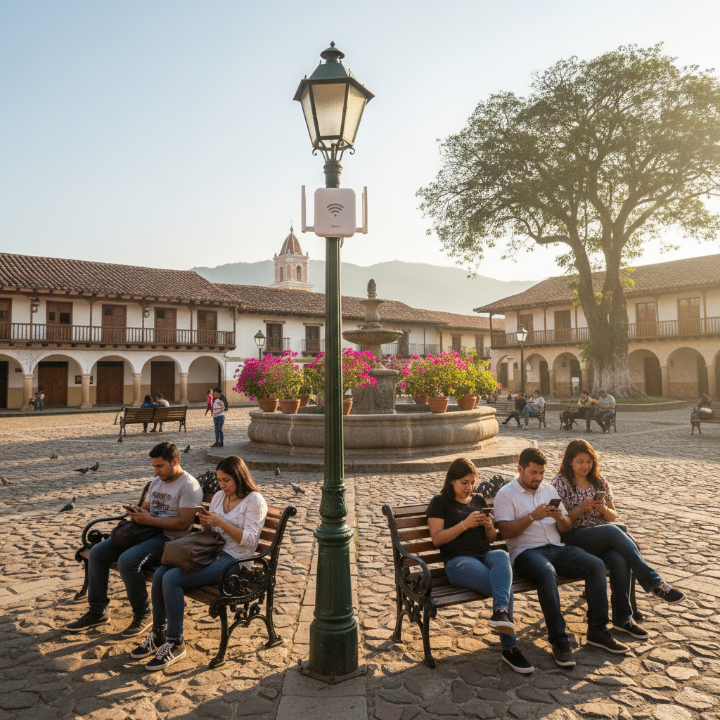 Hotspot Wi-Fi para pequenas cidades: o que funciona em 2026 4 Praça de cidade pequena com equipamentos de hotspot wi-fi para pequenas cidades instalados em postes tradicionais.