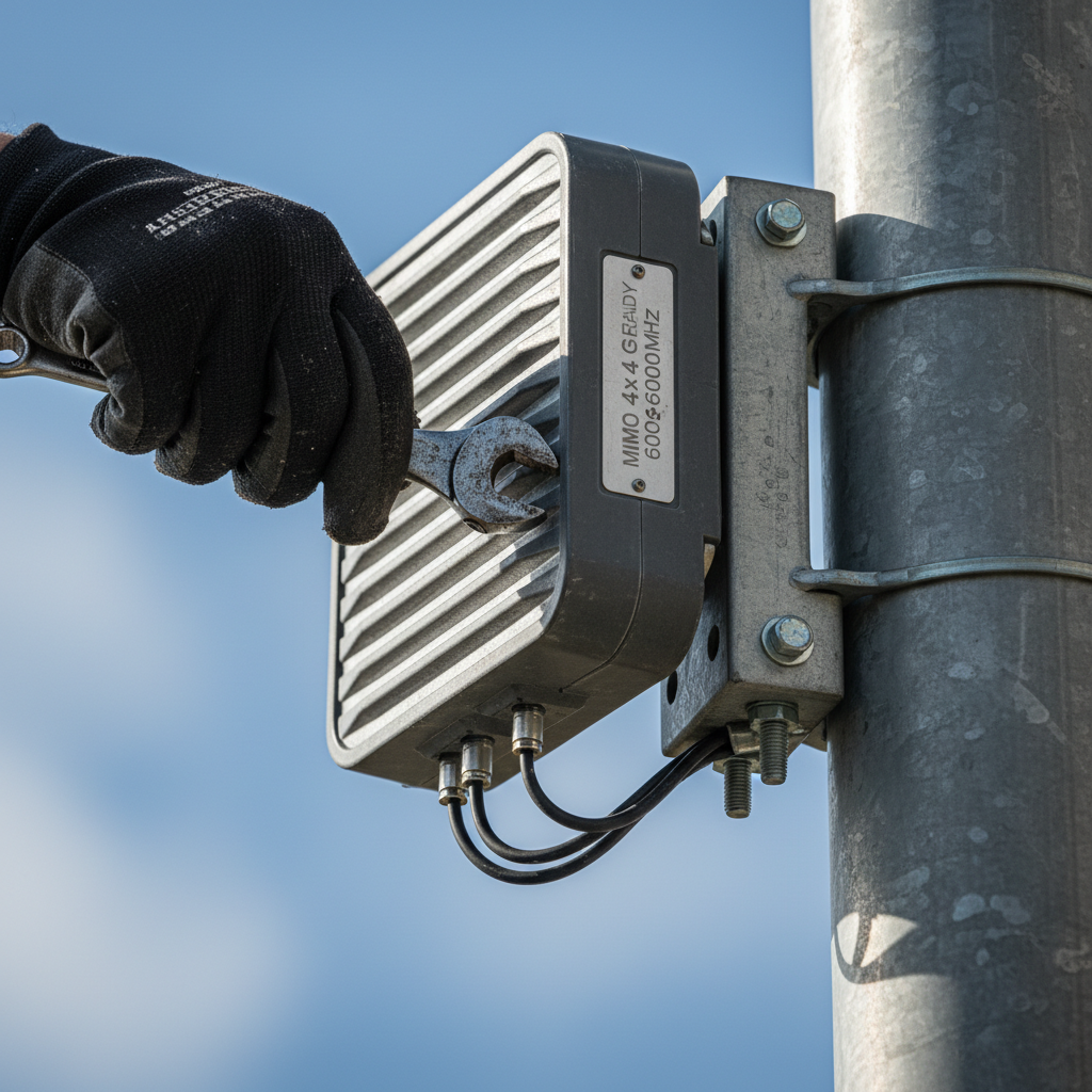 Hotspot Wi-Fi para Telecom: De Custo a Receita | Guia 2 Detalhe de técnico ajustando antena de um hotspot Wi-Fi para telecom instalada no topo de uma estrutura metálica.