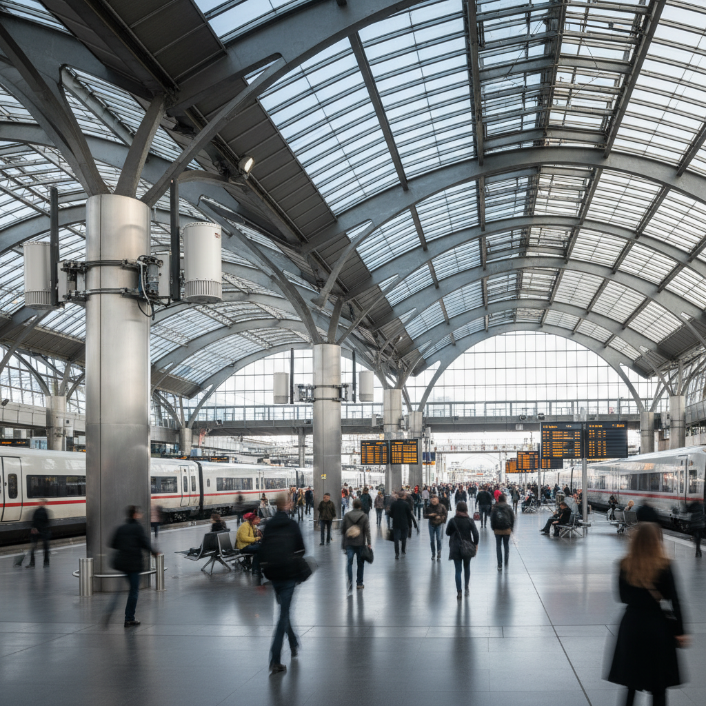 Hotspot Wi-Fi para Telecom: De Custo a Receita | Guia 4 Pátio amplo de terminal com equipamentos de hotspot Wi-Fi para telecom instalados em pilares metálicos sob luz natural.